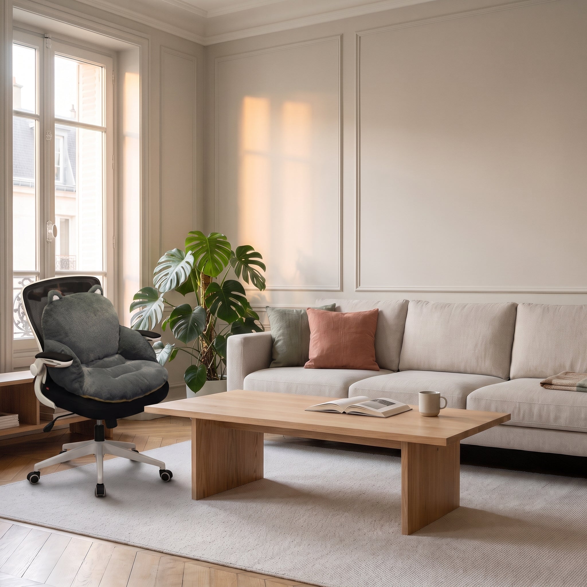 Coussin gris vu de côté sur une chaise de bureau Image