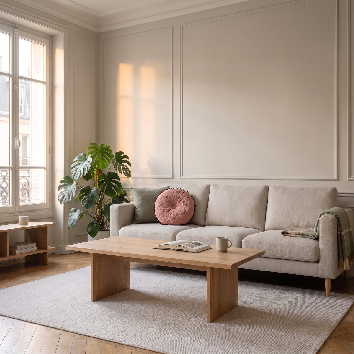 Coussin rond rose à pompons posé dans le salon Image