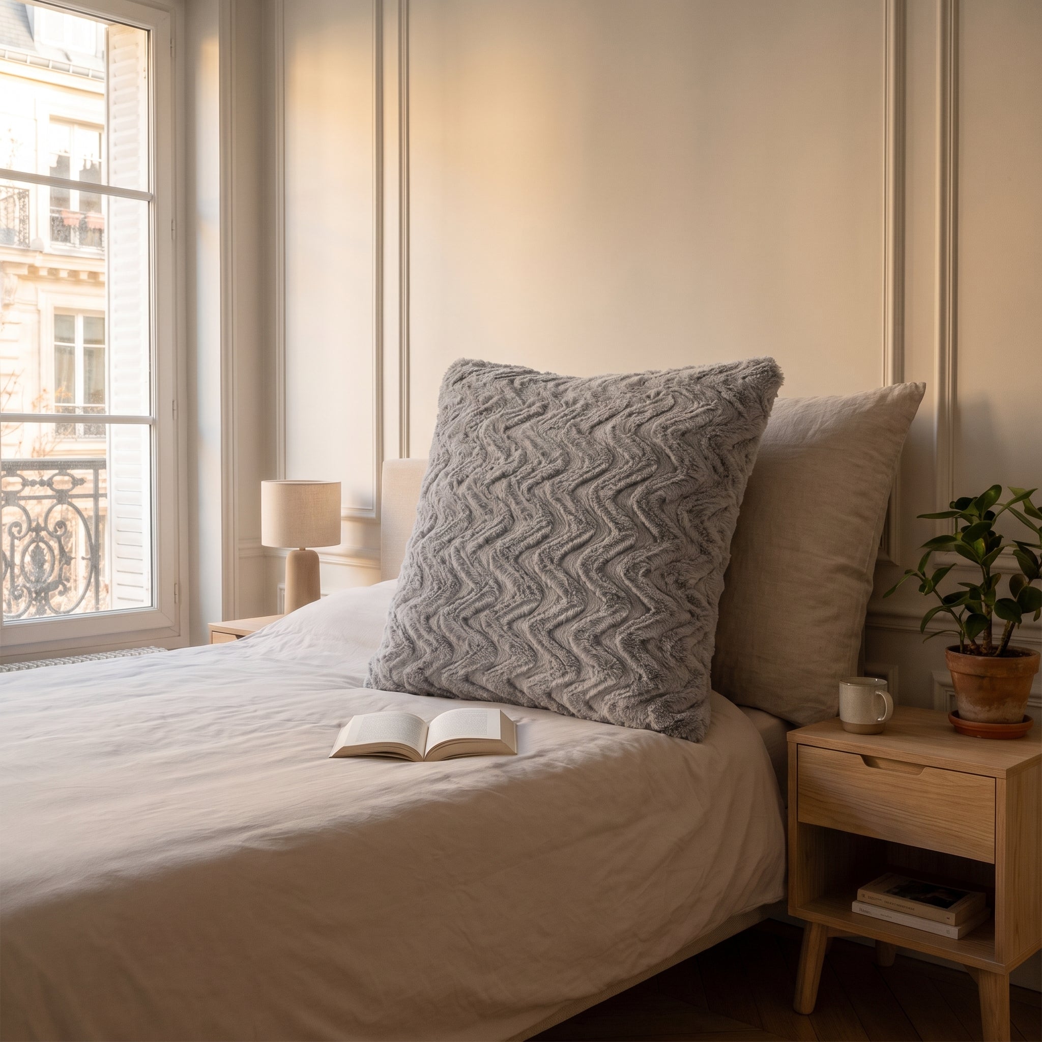 Coussin en coton gris à poil long posé contre l'oreiller d'un lit Image