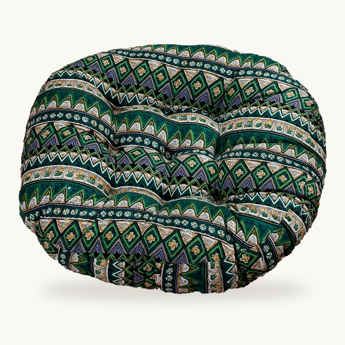 Coussin de sol rond capitonné à motif géométrique vert sur fond clair
