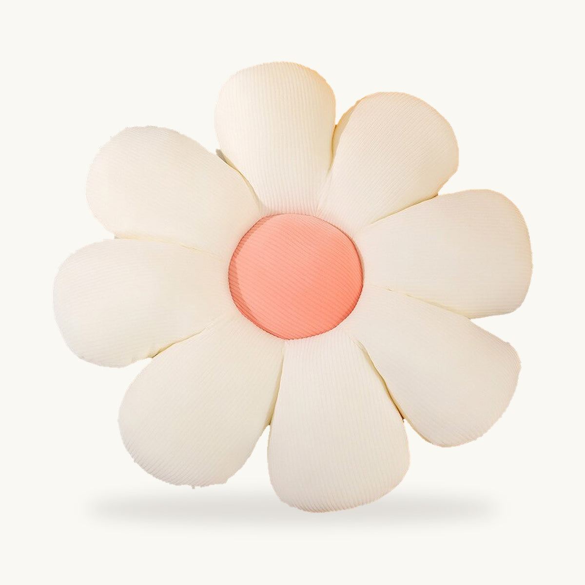 Coussin fleur blanc à huit pétales et centre rose vu de face
