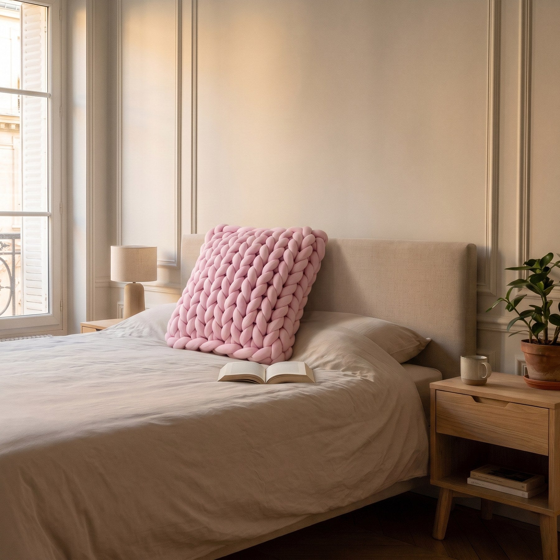 Coussin grosses mailles rose poudré posé contre la tête de lit d'une chambre claire Image