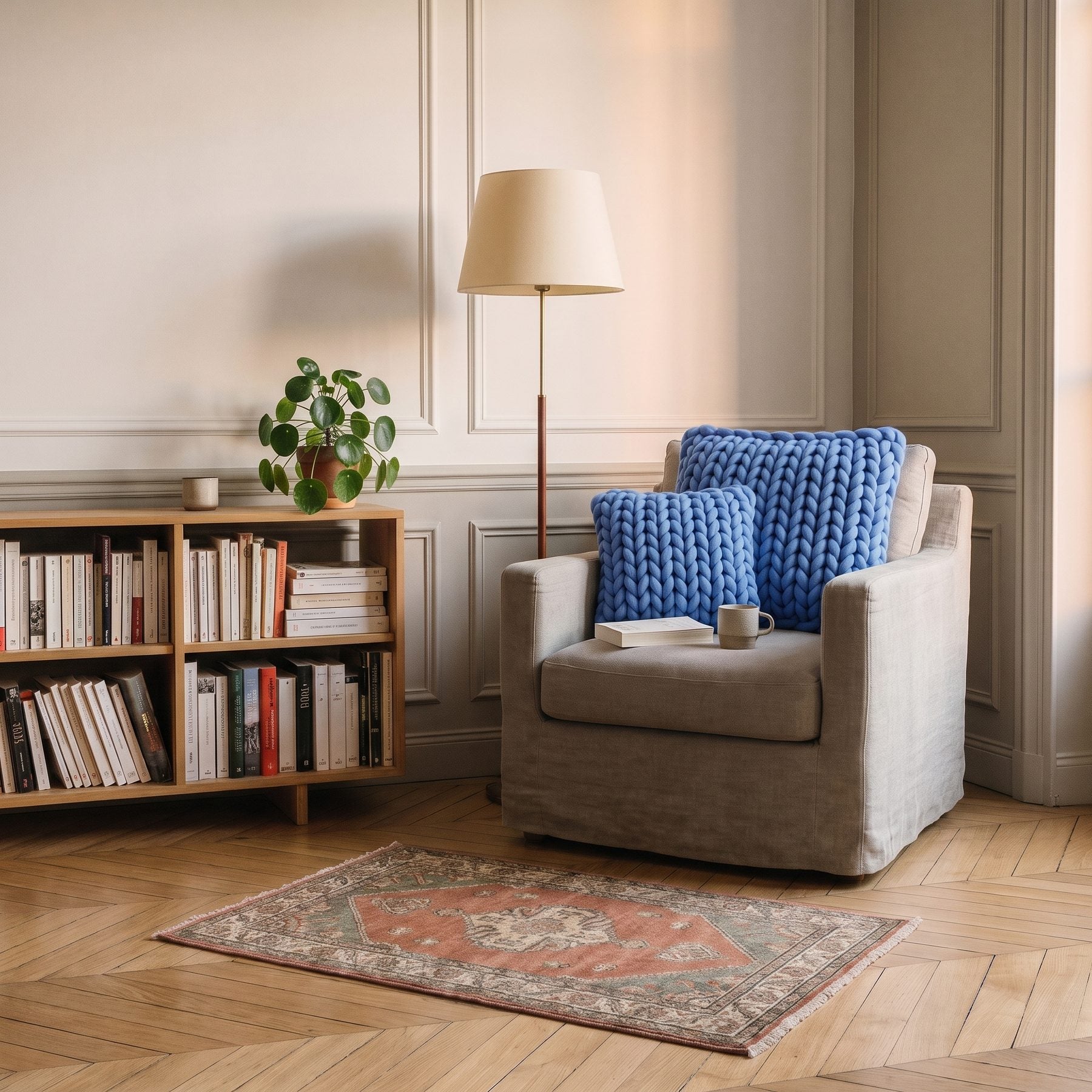 Deux coussins grosses mailles bleus, un grand et un petit, sur un fauteuil de lecture Image