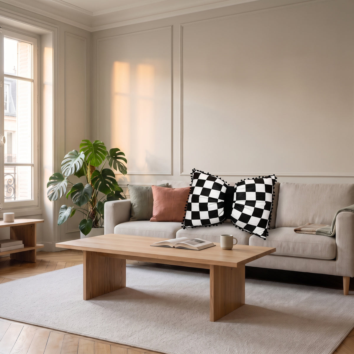 Coussin nœud papillon à damier noir au centre d'un canapé clair Image