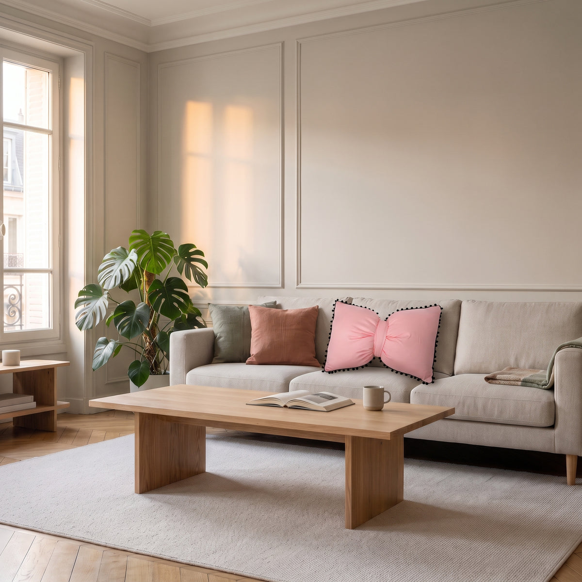 Coussin nœud papillon rose corail posé sur un canapé clair Image