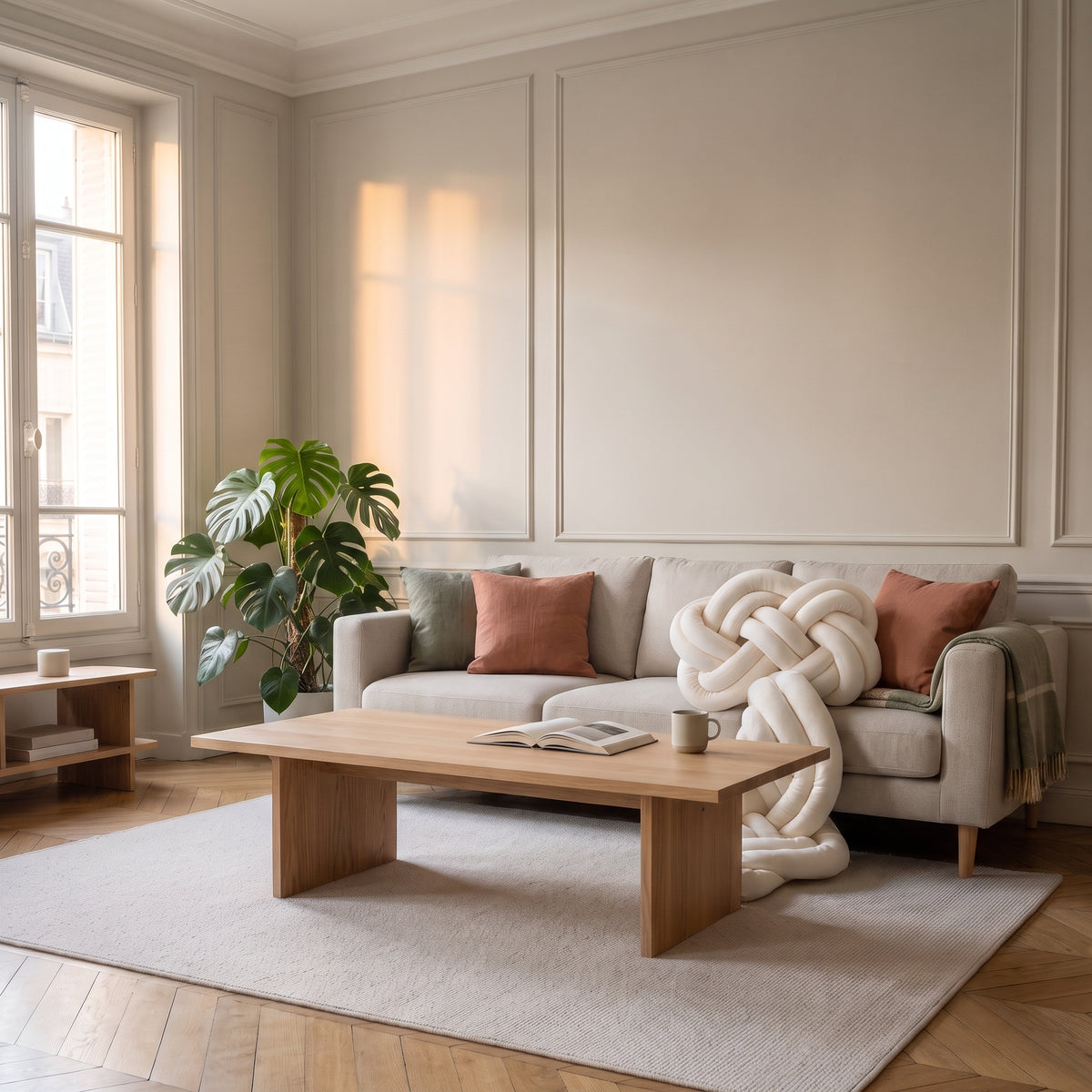Coussin nœud en velours posé sur le fauteuil du salon Image