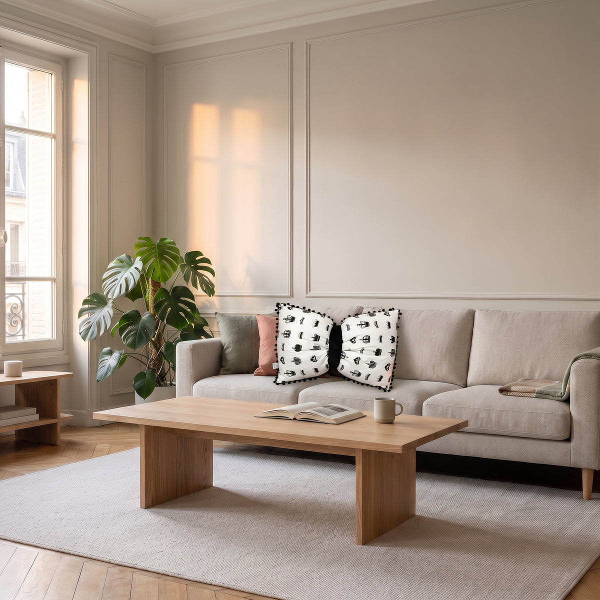 Coussin nœud papillon blanc à couronnes noires sur un canapé clair