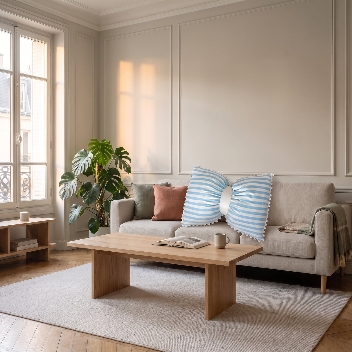 Coussin nœud papillon à rayures bleu ciel sur un canapé clair