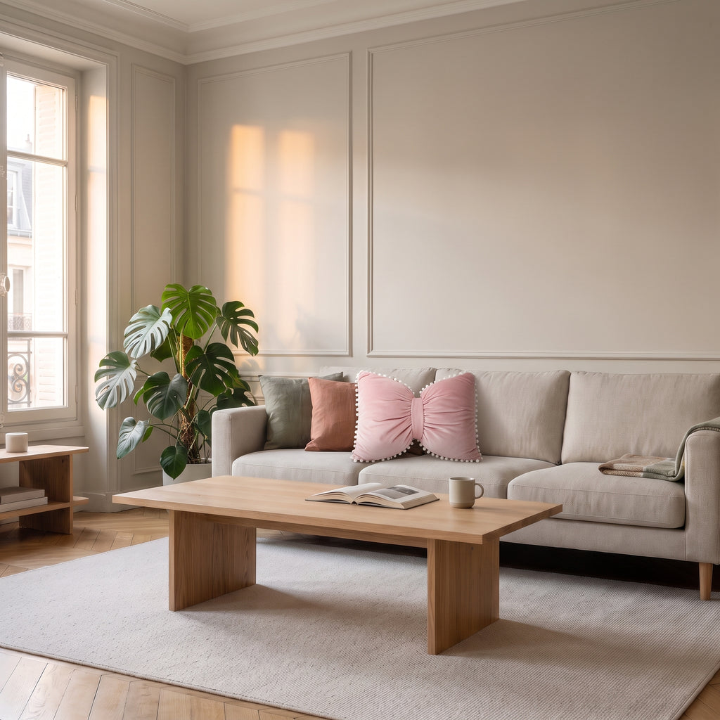 Coussin nœud papillon rose poudré sur un canapé clair