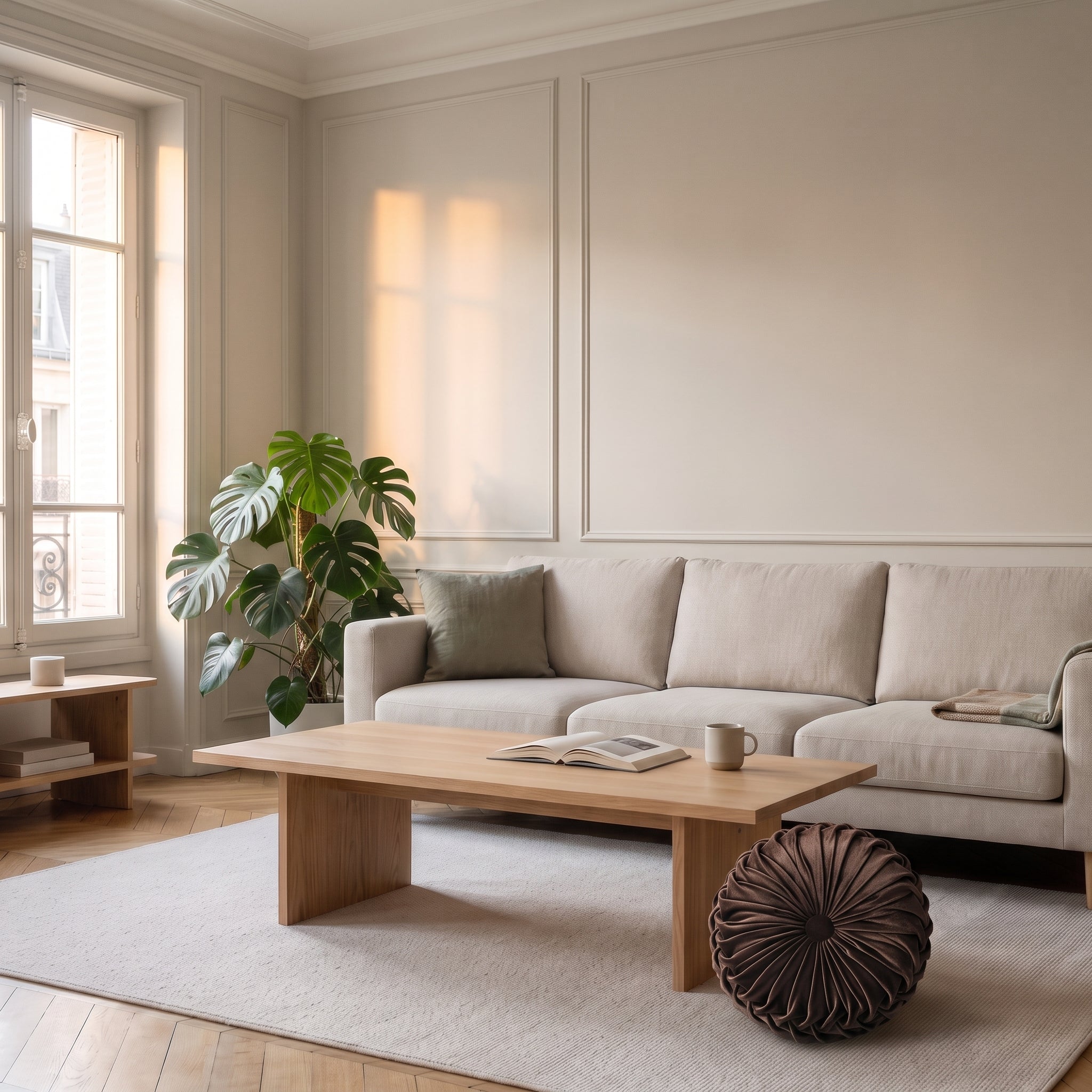 Coussin rond plissé en velours marron, posé au sol près d'un canapé clair Image