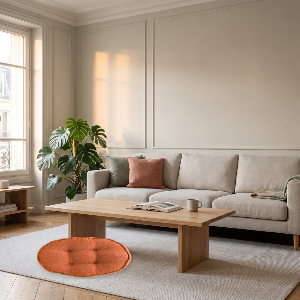 Coussin rond orange capitonné posé au sol dans un salon