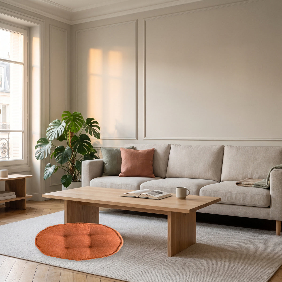 Coussin rond orange capitonné posé au sol dans un salon