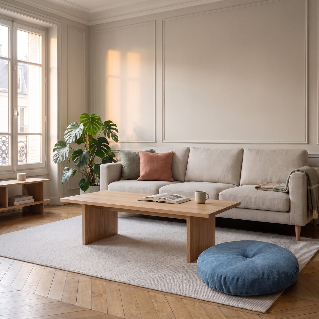 Coussin de sol rond bleu posé près de la table basse dans un salon clair