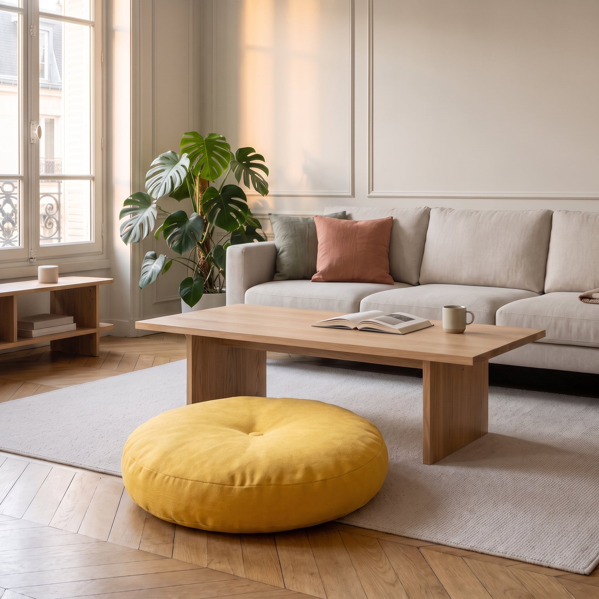 Coussin de sol rond jaune devant une table basse dans un salon Image