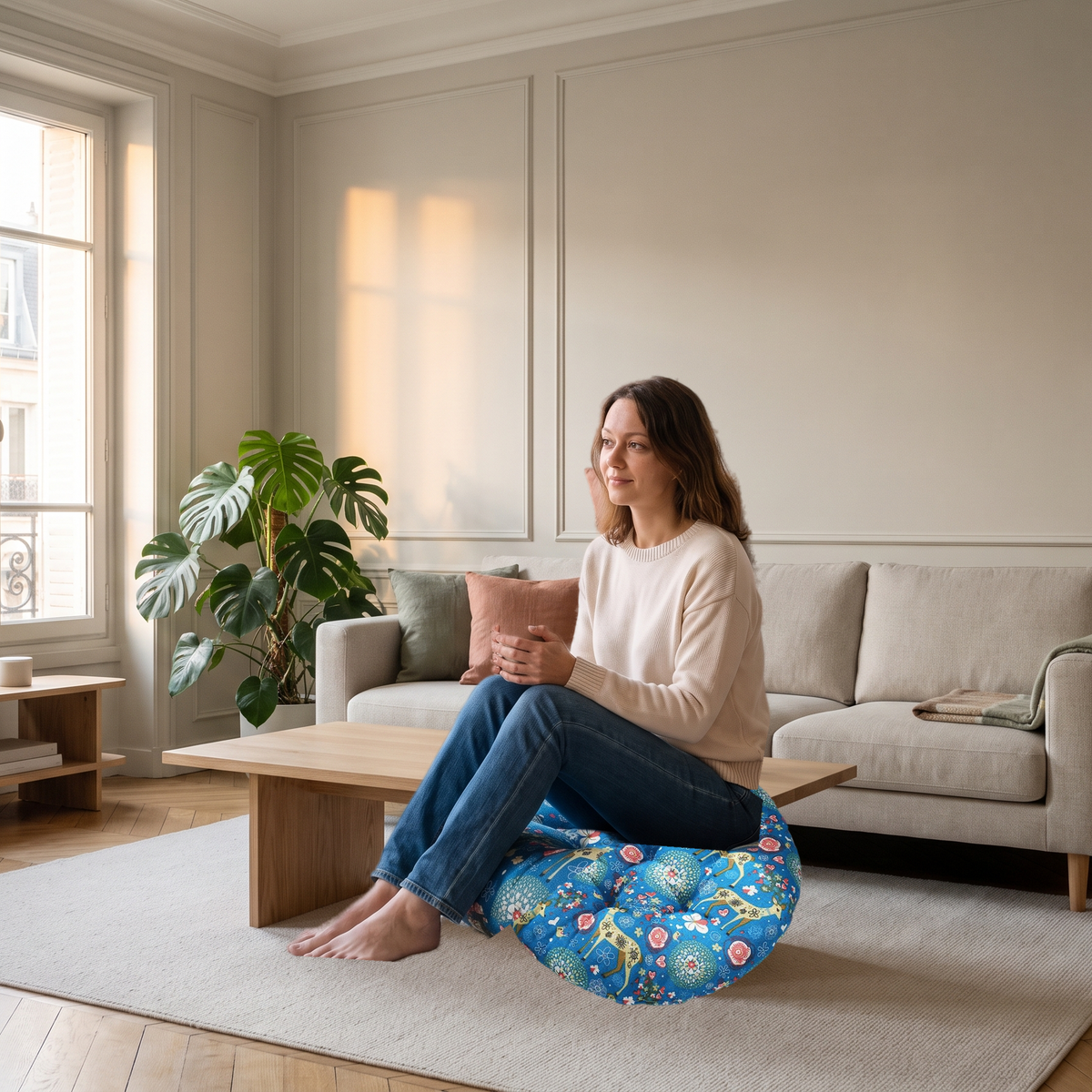 Femme assise sur le coussin de sol rond capitonné à motif floral bleu