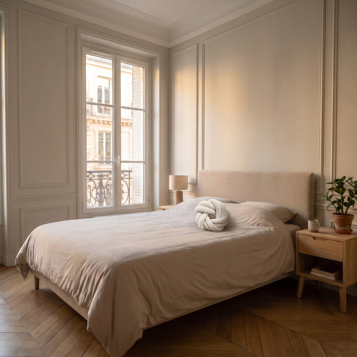 Coussin tressé donut blanc devant les oreillers d'un lit fait Image