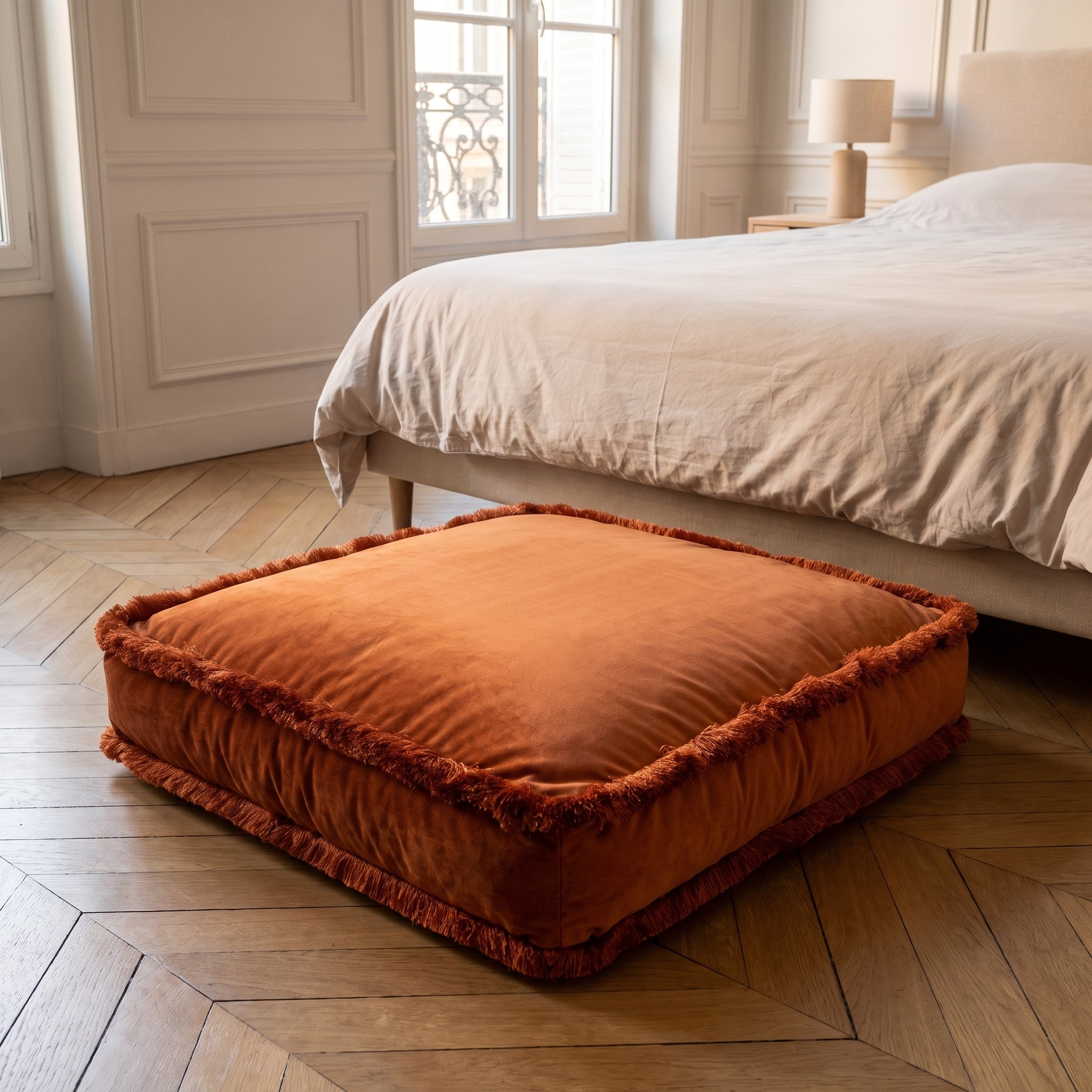 Coussin de sol en velours terracotta posé au pied d'un lit Image