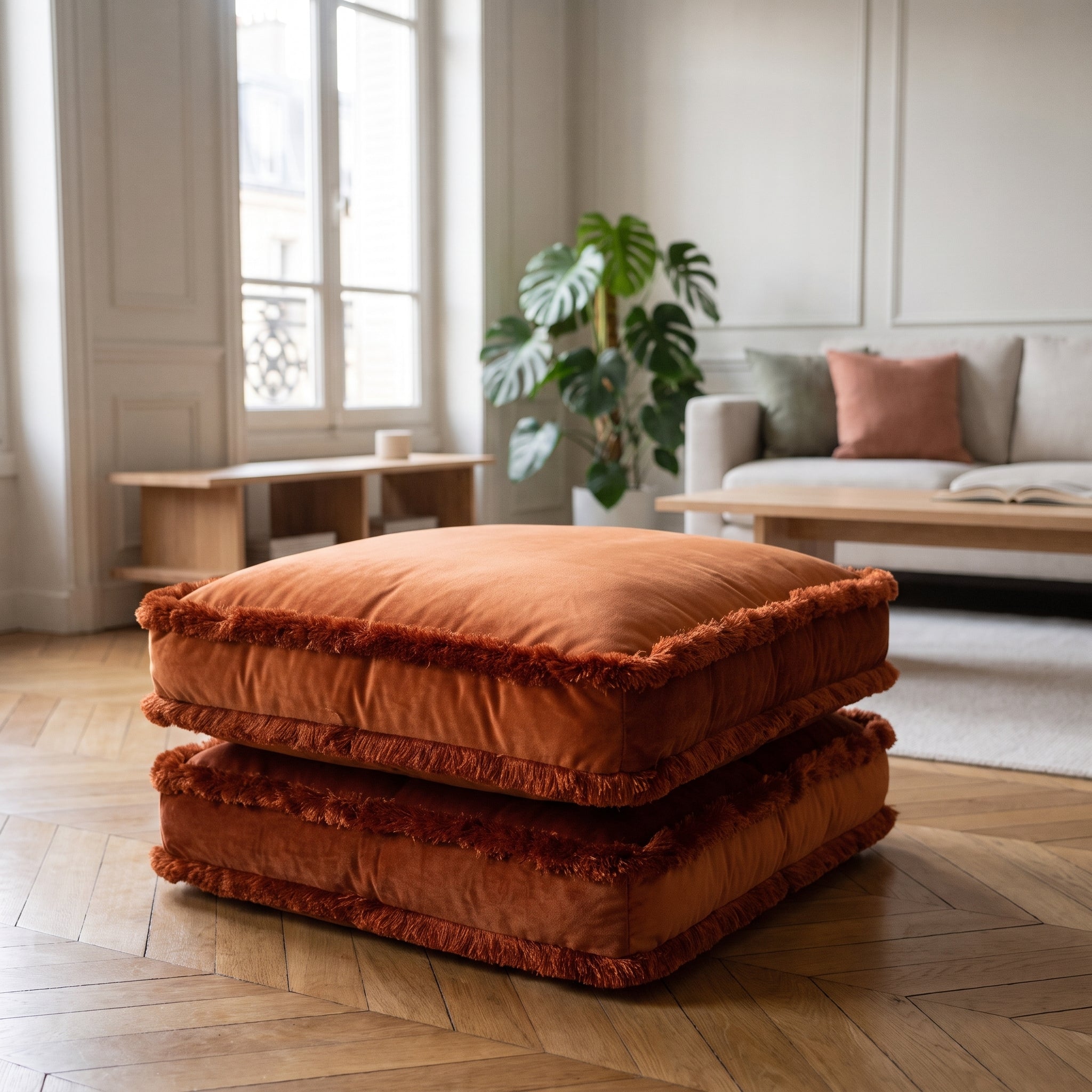 Deux coussins de sol en velours terracotta empilés sur un parquet Image