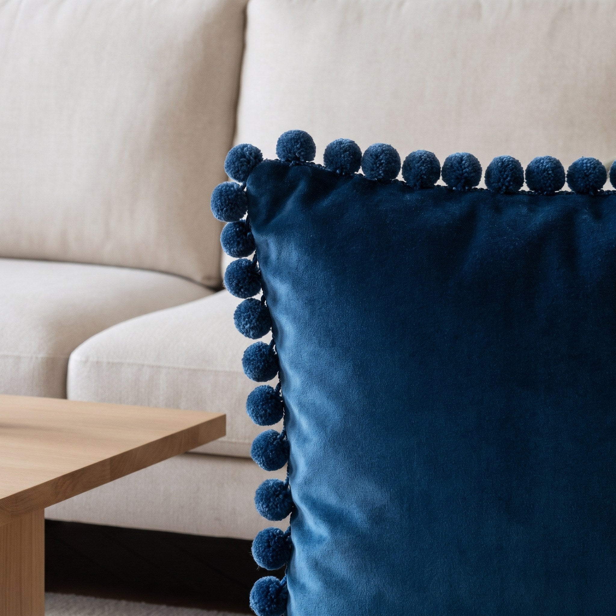 Détail de la frange de pompons du coussin en velours bleu Image