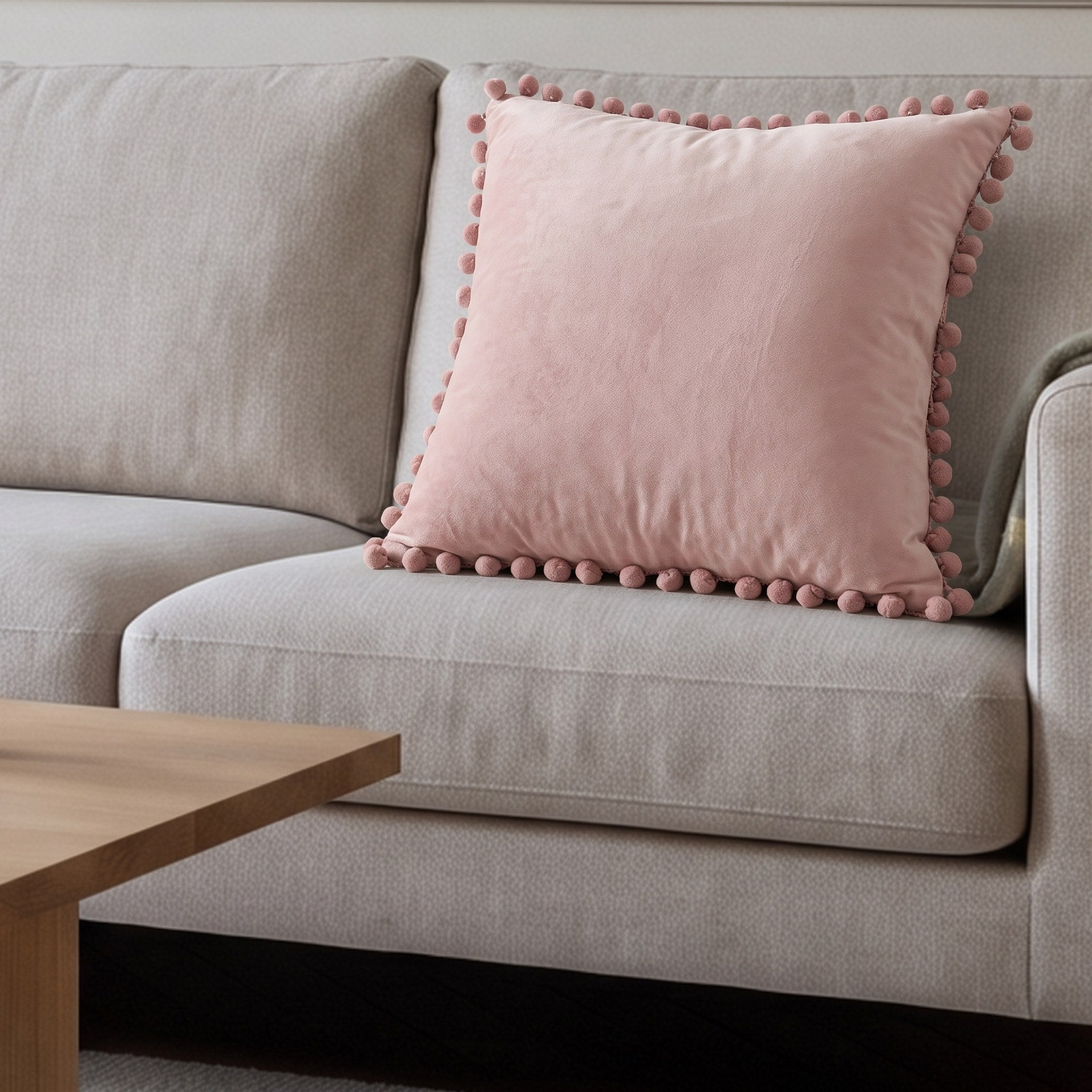 Housse de coussin en velours rose à pompons posée sur un canapé écru Image