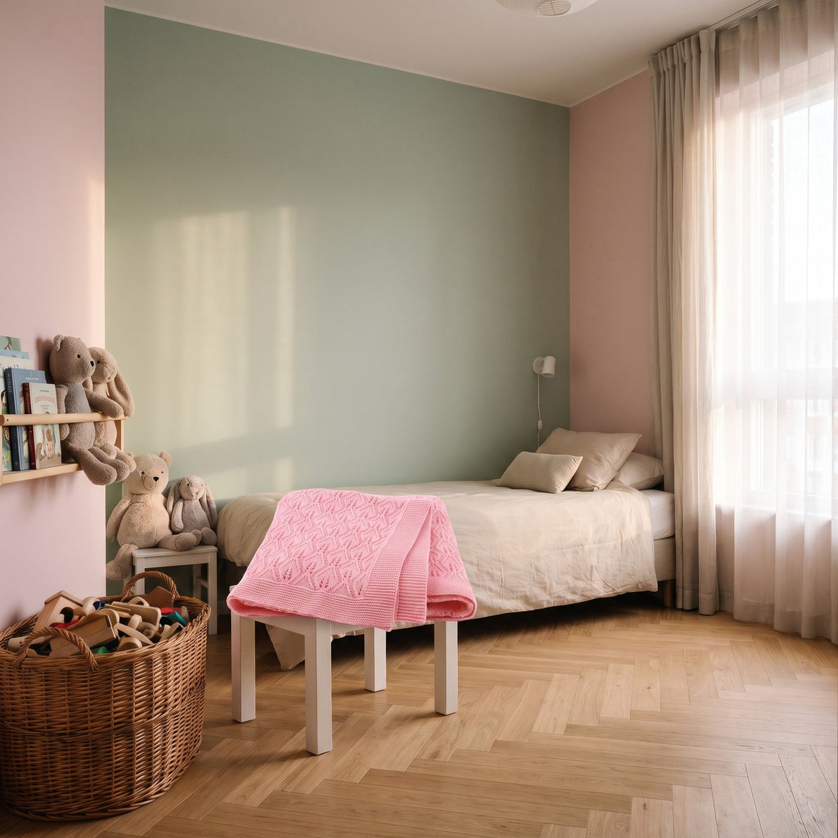 Chambre d'enfant préparée avec soin : couverture pour bébé en coton rose à maille pointelle, pliée sur le tabouret de chevet Image