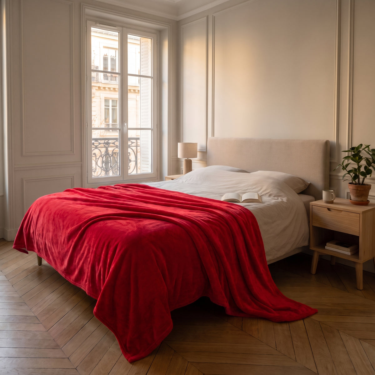 Plaid rouge déployé au pied d’un lit pour montrer son échelle