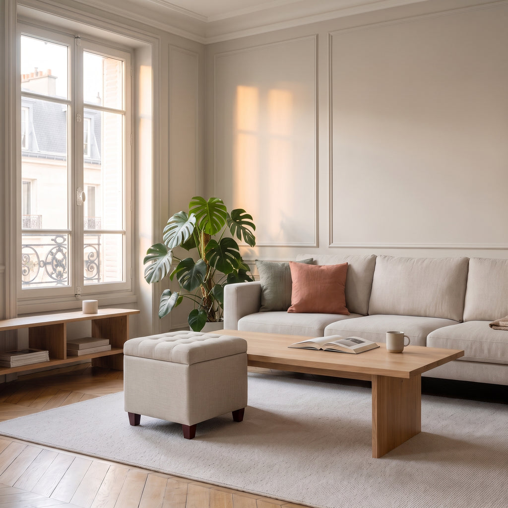 Pouf coffre carré crème dans son intérieur
