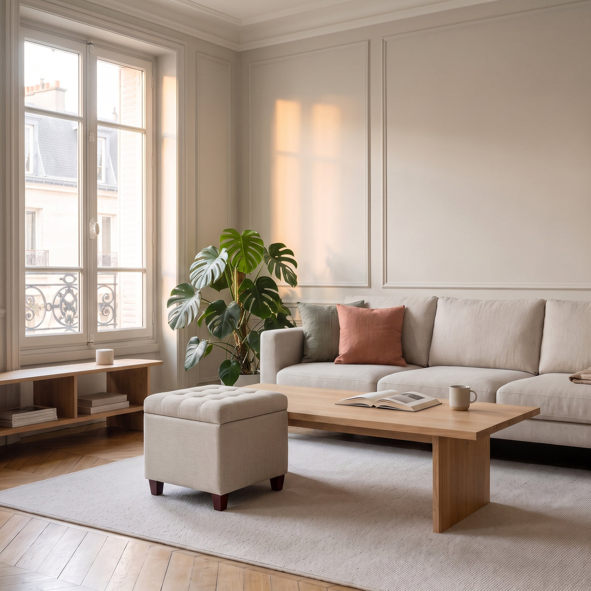 Pouf coffre carré crème dans son intérieur