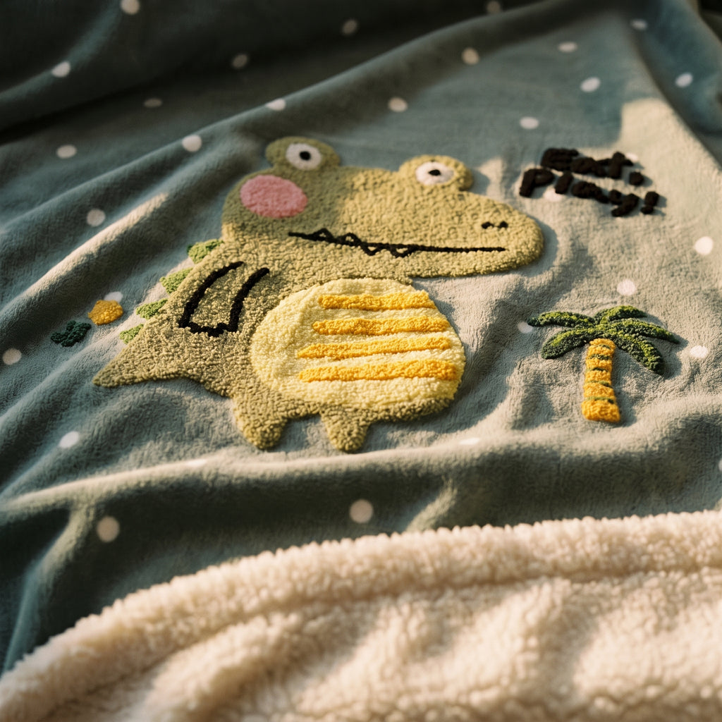 Détail de l'applique brodée de la parure de lit enfant au petit crocodile