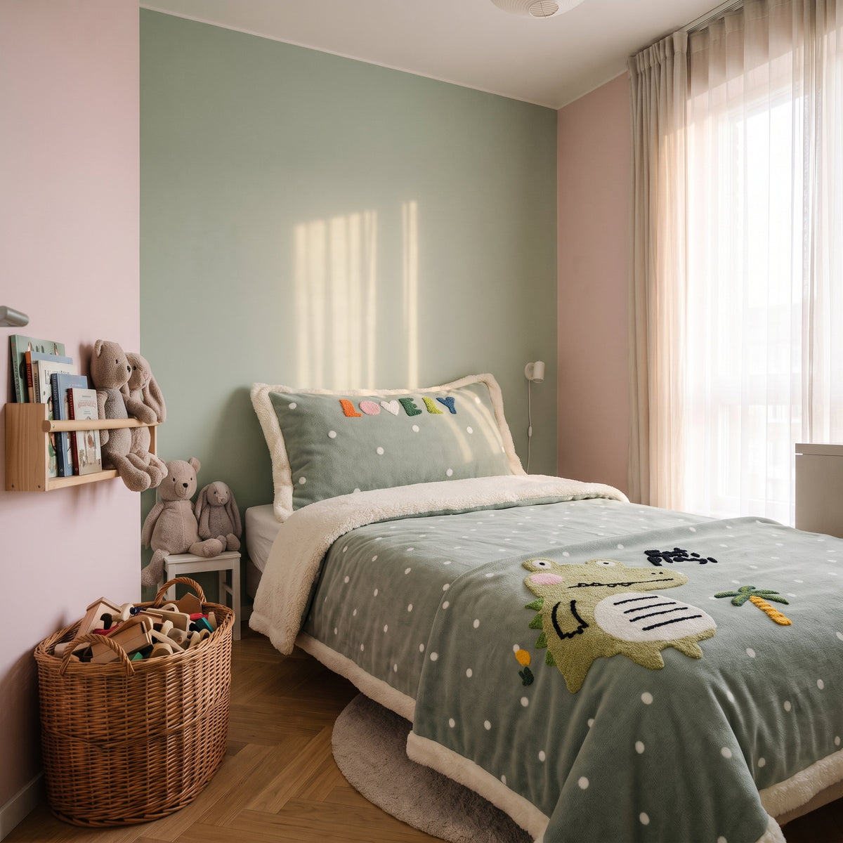 Parure de lit enfant au petit crocodile, la taie d'oreiller et la couverture sur le lit