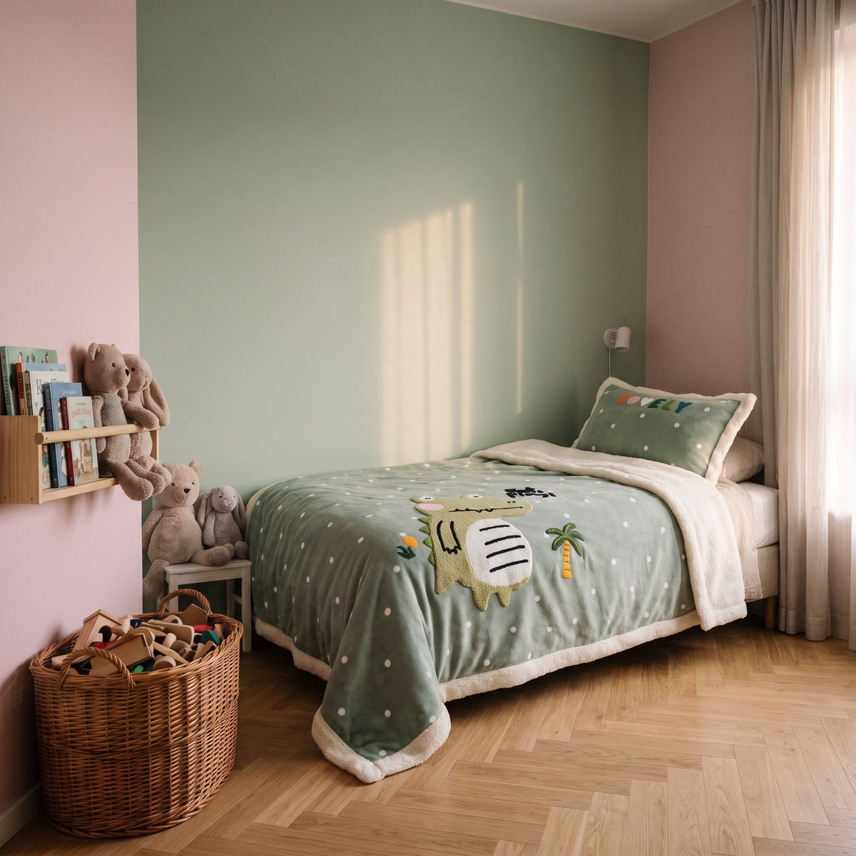 Parure de lit enfant au petit crocodile, dépliée sur un lit d'enfant