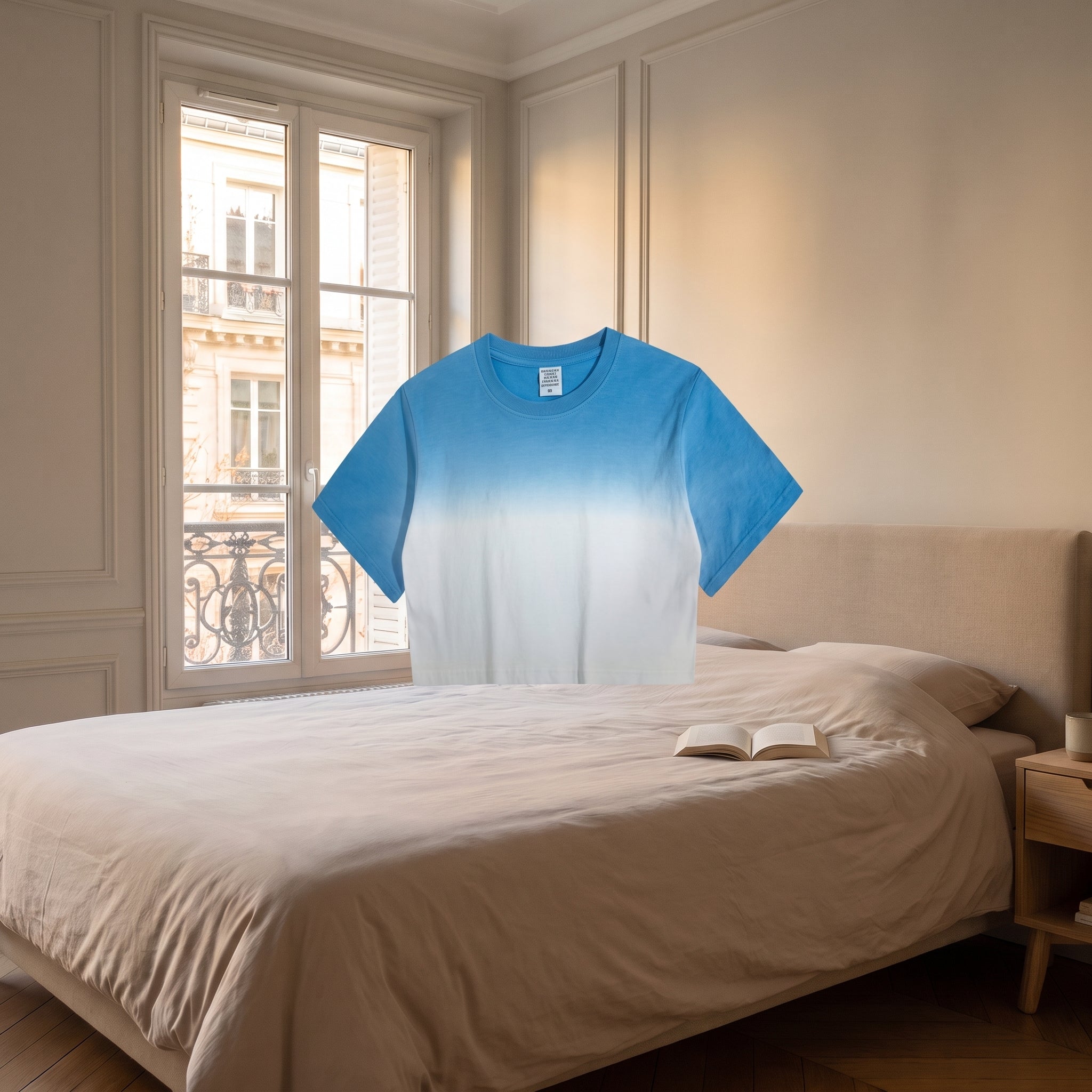 Crop-top bicolore bleu porté sans mannequin, coupe visible Image