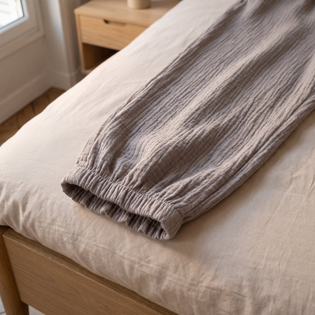 Bas de jambe du pantalon de pyjama gris taupe, elastique de cheville et volant de gaze de coton