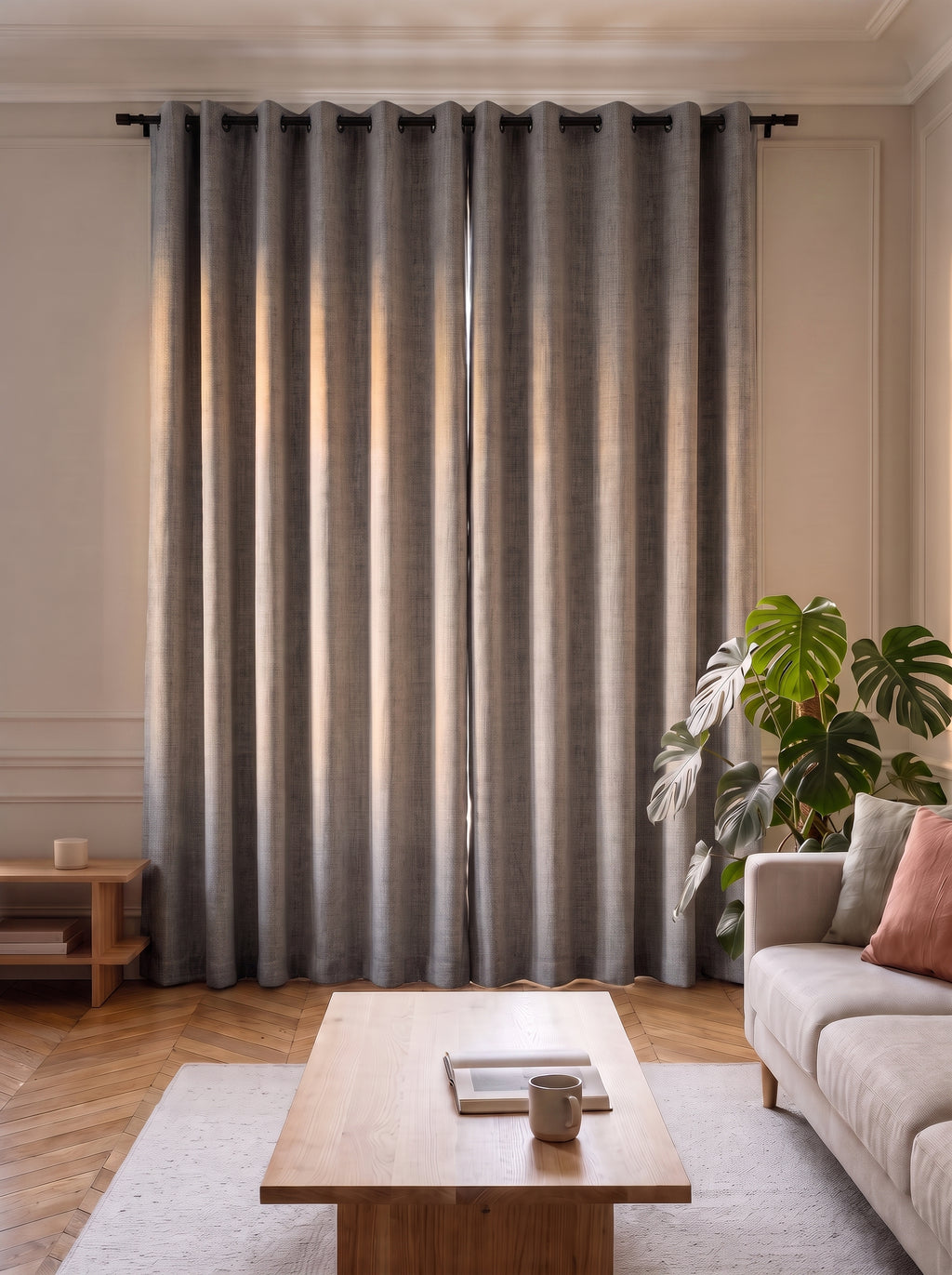 Coloris gris : deux pans tirés devant la fenêtre du salon, de la tringle jusqu'au parquet