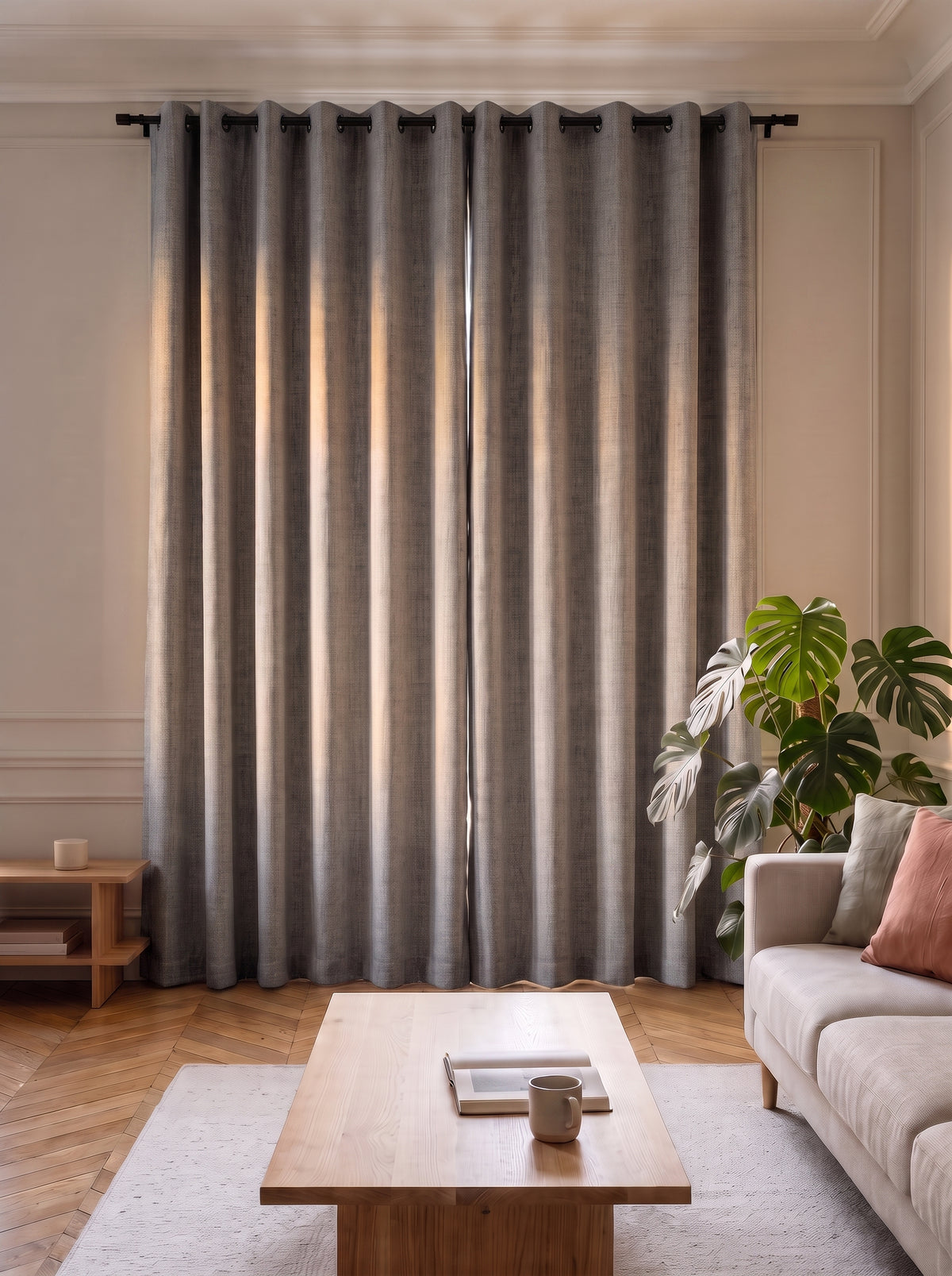 Coloris gris : deux pans tirés devant la fenêtre du salon, de la tringle jusqu'au parquet