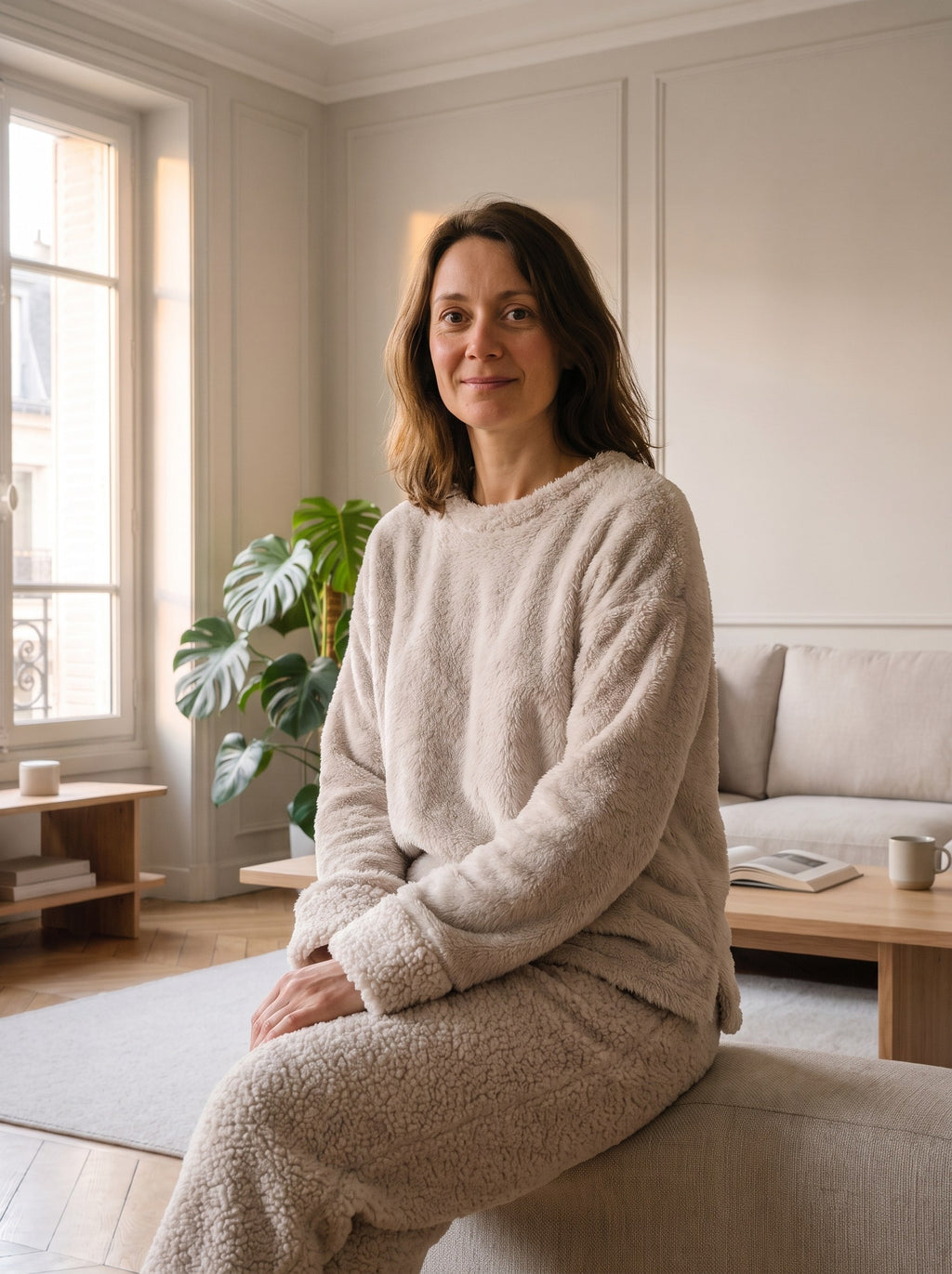 Ensemble pyjama femme beige, haut en polaire à poil long et pantalon en sherpa bouclé, porté assis dans un salon