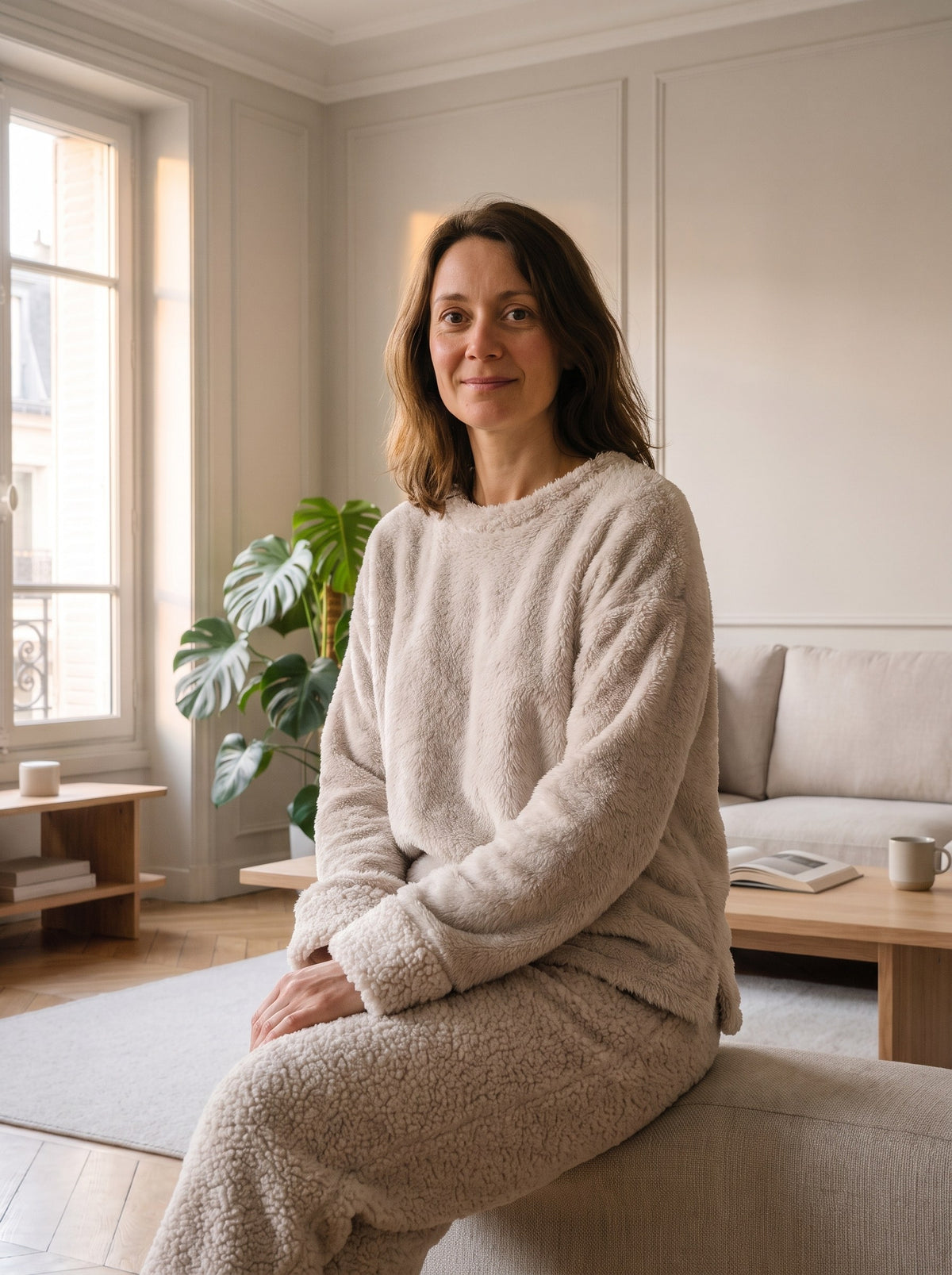 Ensemble pyjama femme beige, haut en polaire à poil long et pantalon en sherpa bouclé, porté assis dans un salon