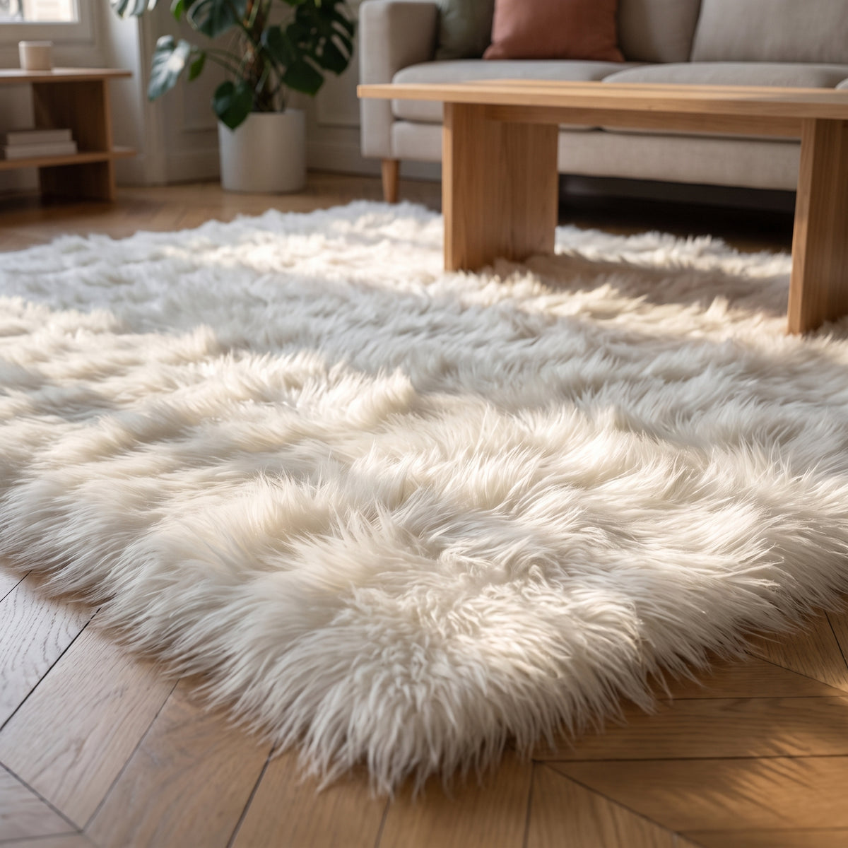 Tapis cocooning en fourrure extra longue, gros plan sur les meches en lumiere rasante