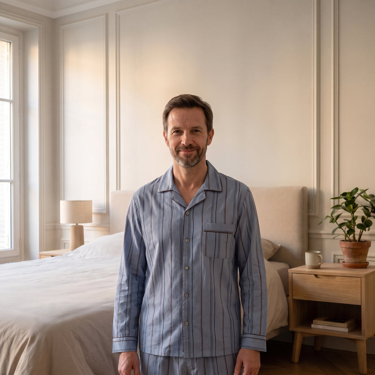Vue rapprochée du col ouvert et de la veste du pyjama homme bleu rayé
