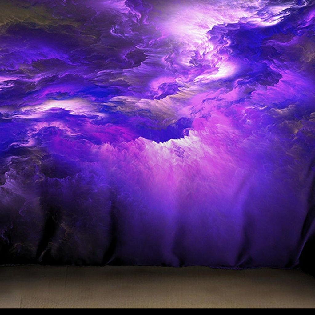 Détail du motif Cosmos, nuage violet imprimé, sur la housse de couette 3D