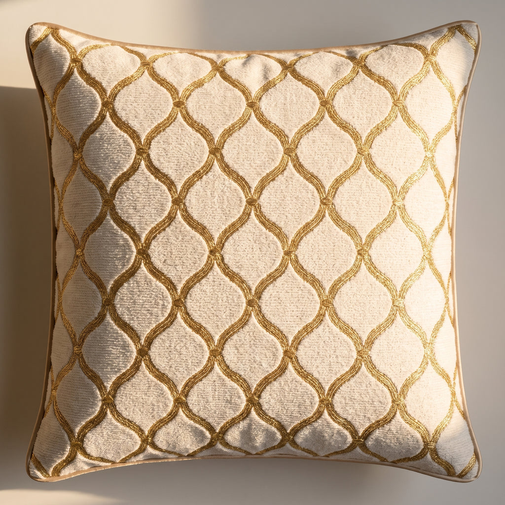 Coussin ivoire à motif doré, face avant