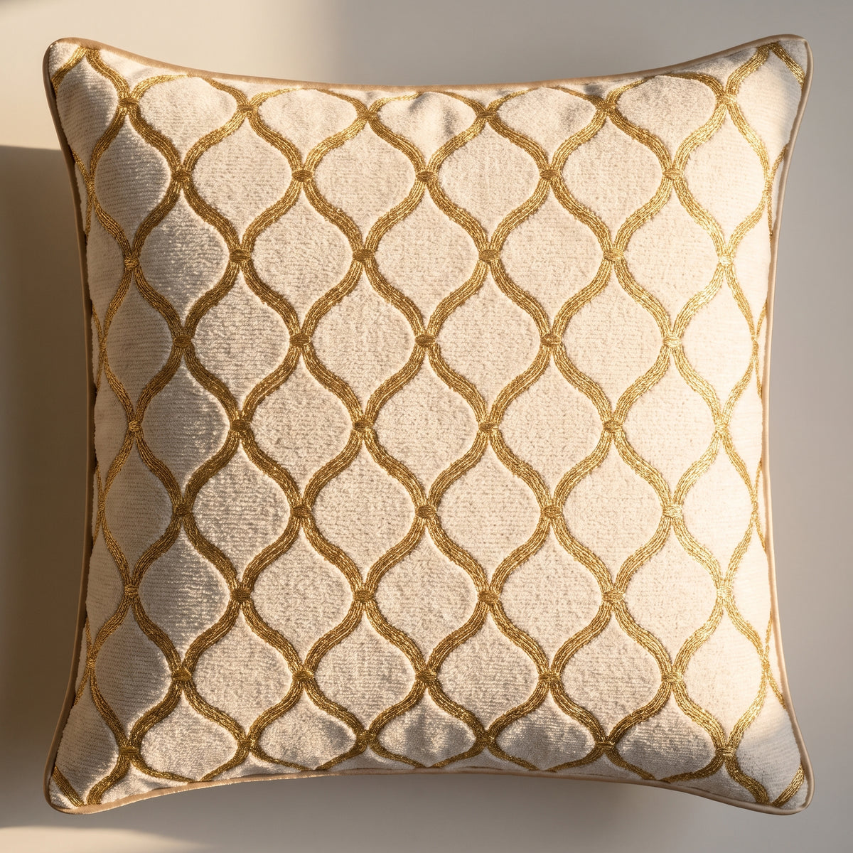 Coussin ivoire à motif doré, face avant