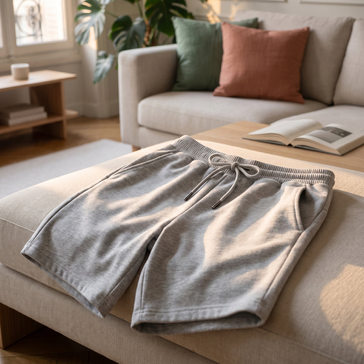 Short bermuda en coton gris chiné posé sur un canapé clair
