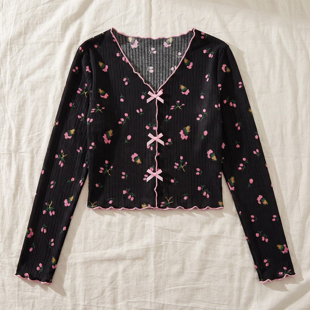 Vue rapprochée des trois liens noués du haut du pyjama floral noir.