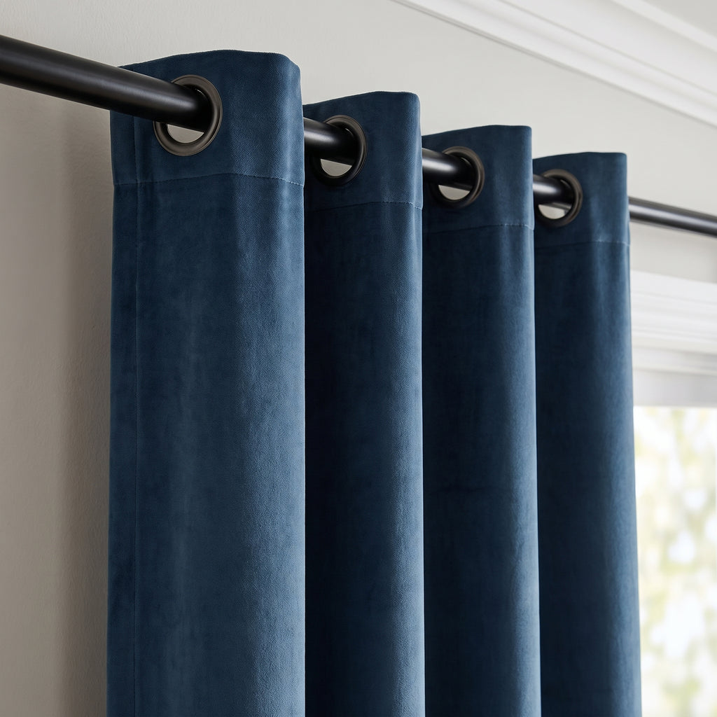 Œillets métalliques du rideau en velours bleu roi sur sa tringle