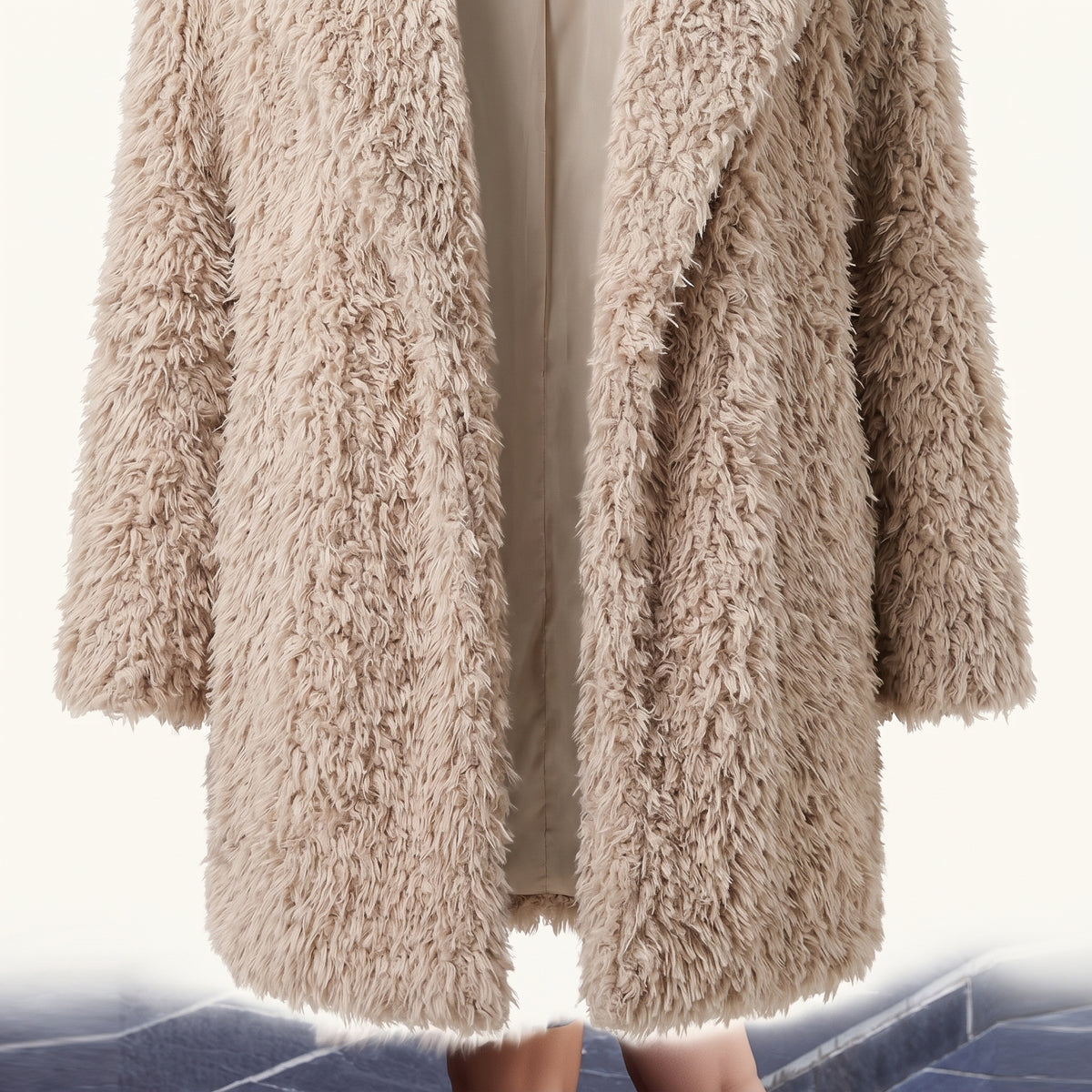 Vue rapprochée des pans ouverts et des poils du manteau beige