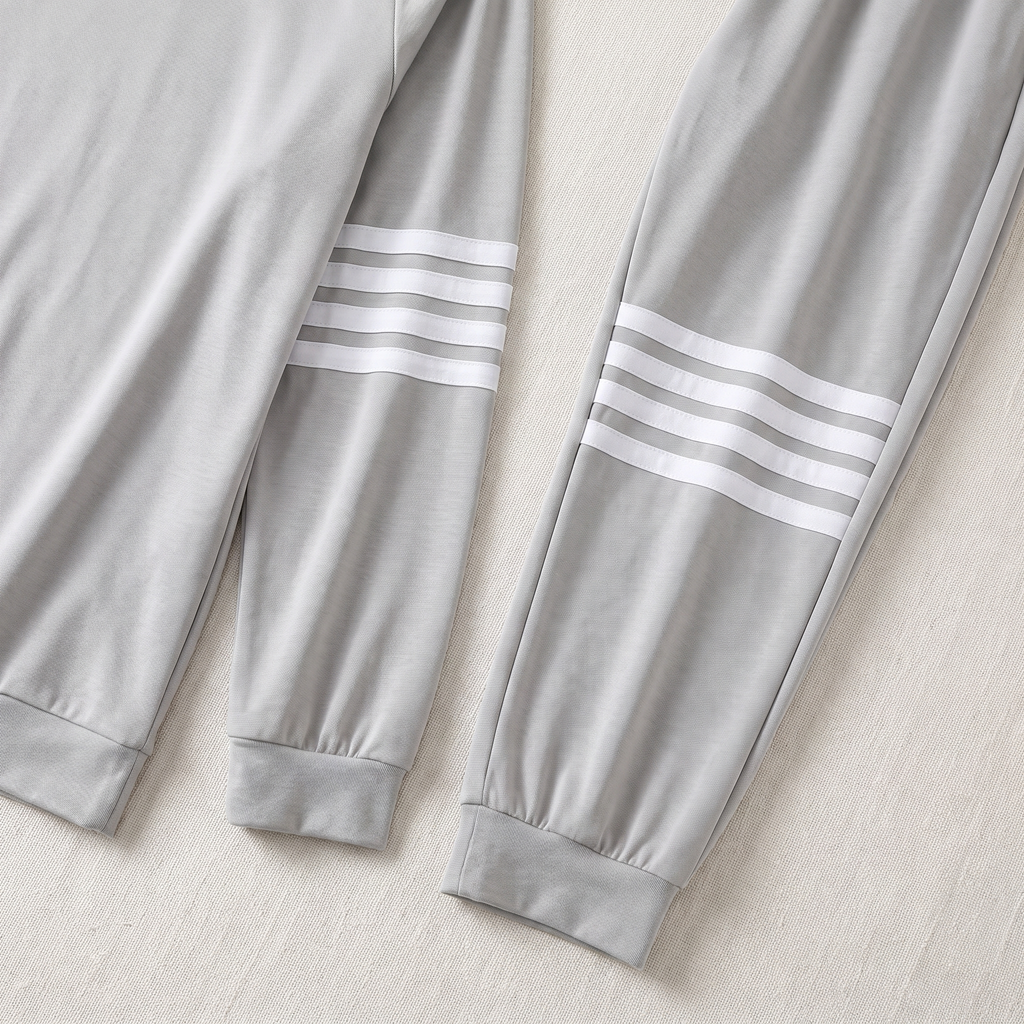 Détail des quatre bandes contrastantes du pyjama homme gris clair en coton