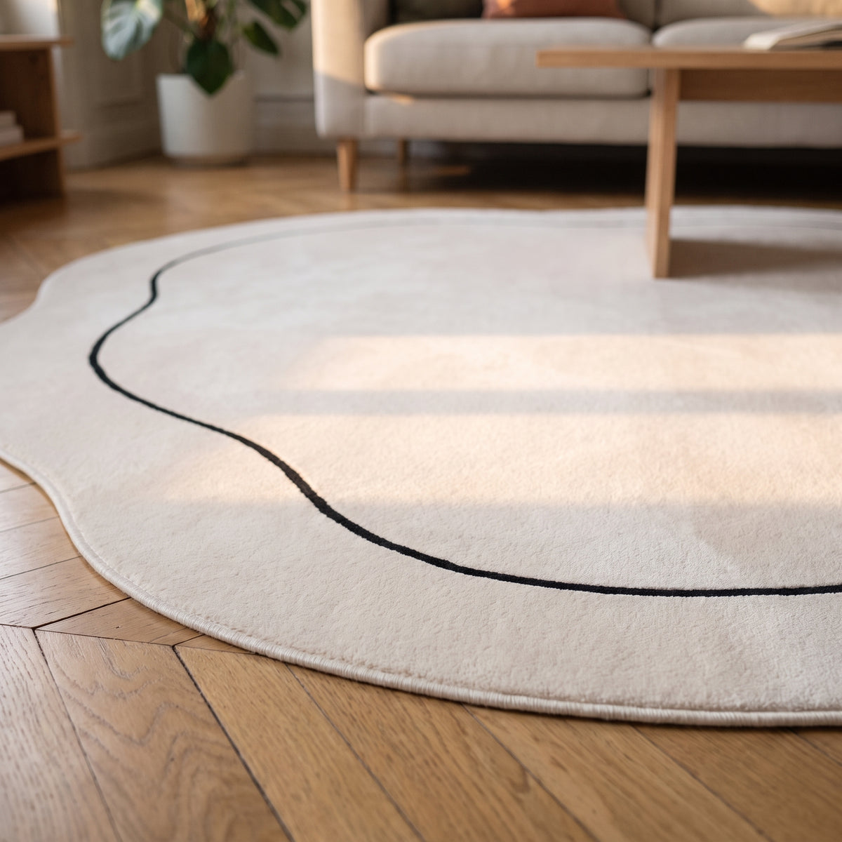 Bord ondulé du tapis écru posé sur le parquet, liseré noir à ras du velours