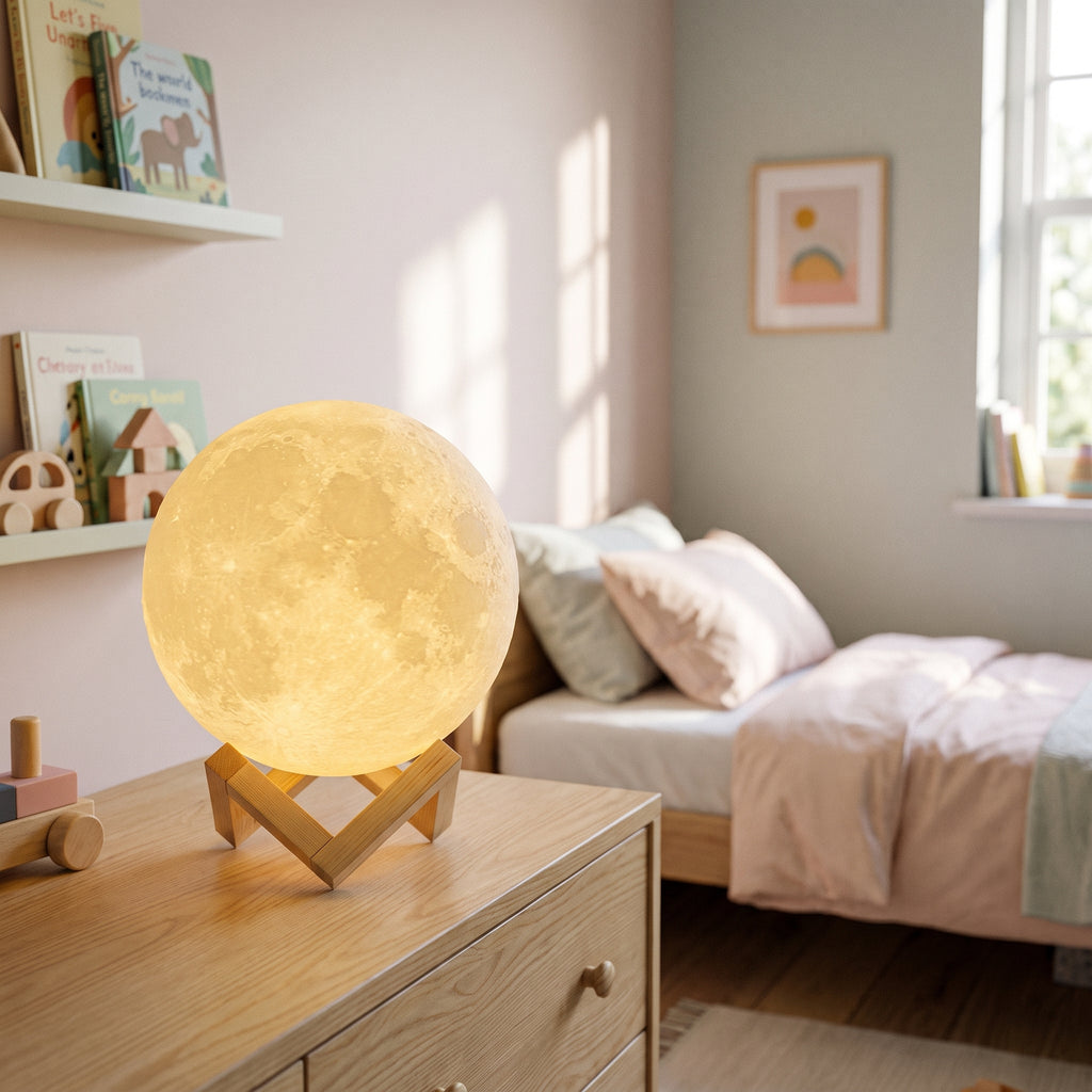 Version deux couleurs, la lampe lune allumee en lumiere jaune chaude