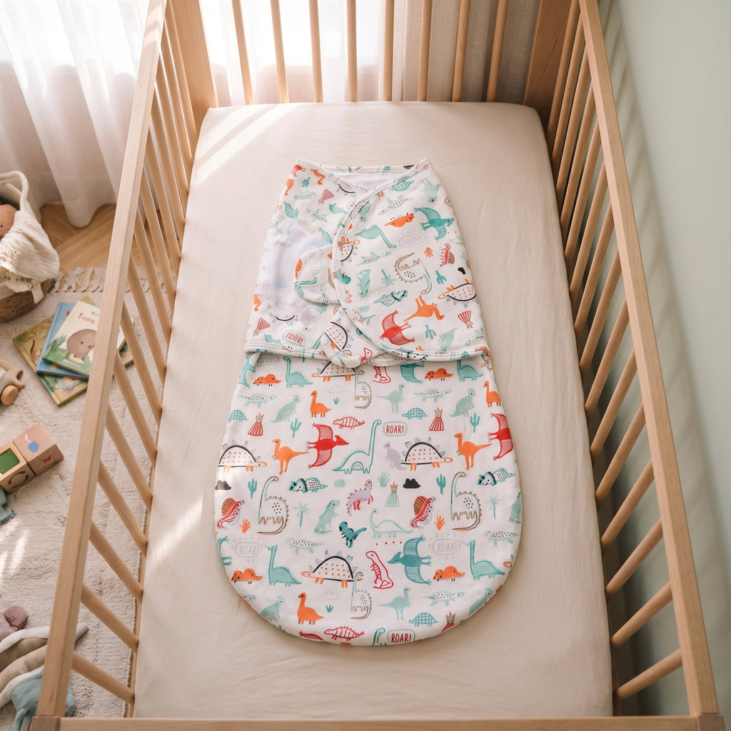 Sac de couchage d emmaillotage motif dinosaures colores, pose dans un lit a barreaux